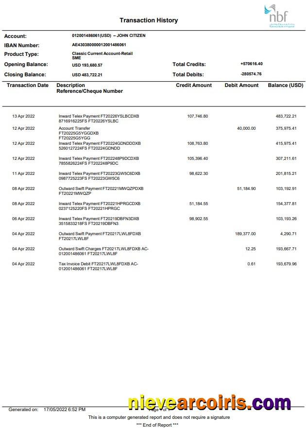 UAE Fujeirah National bank (NFB) statement